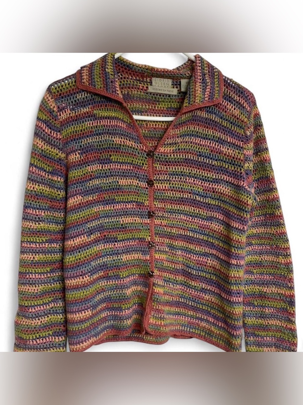 Sigrid Olsen Multicolor Crochet Knit Cardigan in Pastel Stripes